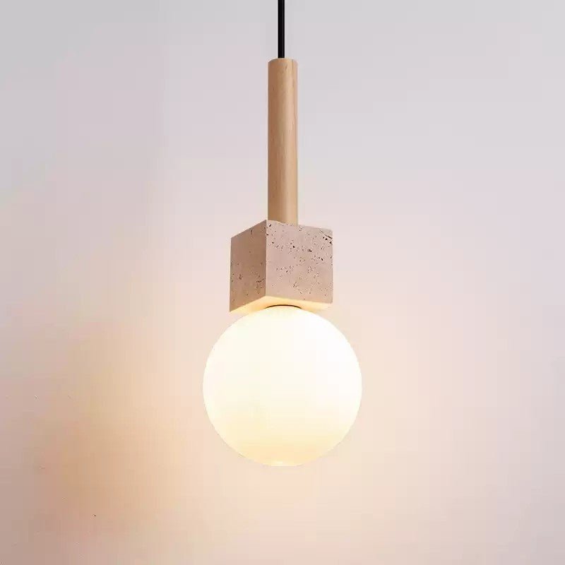 Travertine Cube Globe Pendant Light – Natural Stone & Wood Hanging Lamp