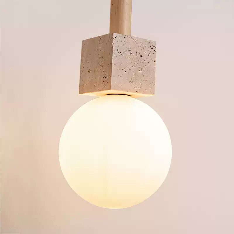 Travertine Cube Globe Pendant Light – Natural Stone & Wood Hanging Lamp