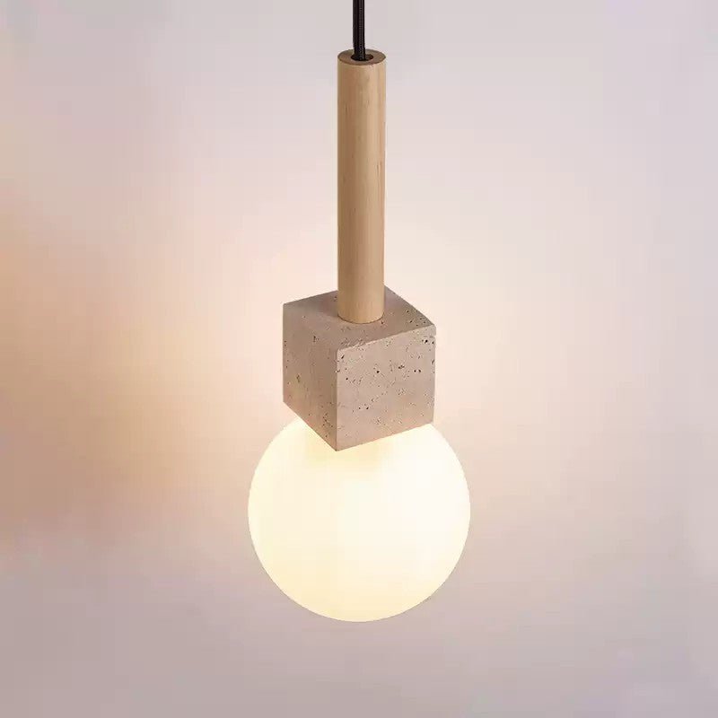 Travertine Cube Globe Pendant Light – Natural Stone & Wood Hanging Lamp