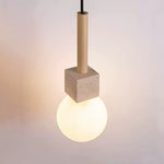 Travertine Cube Globe Pendant Light – Natural Stone & Wood Hanging Lamp