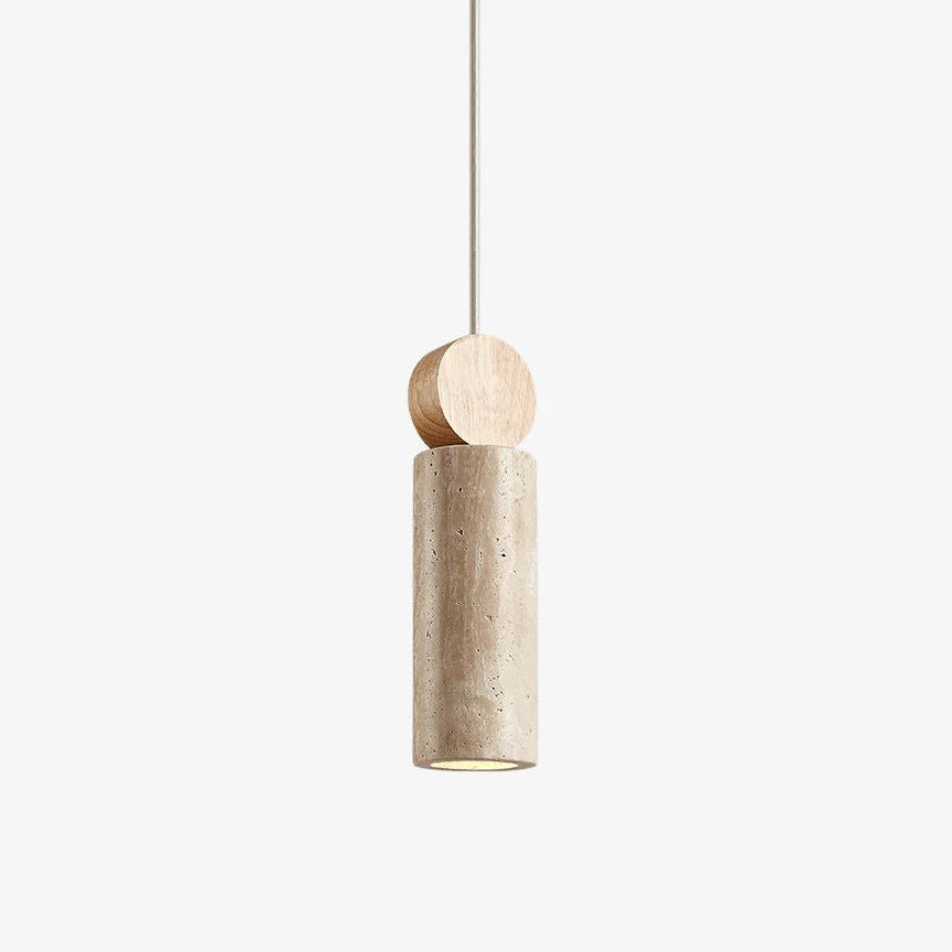 Travertine Cylinder Pendant Light with Wood Accent