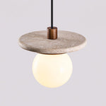 Travertine Disk Pendant Light with Wood Accent and Globe Bulb