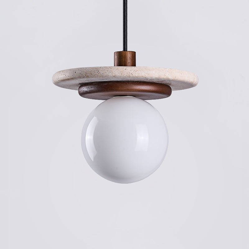 Travertine Disk Pendant Light with Wood Accent and Globe Bulb