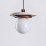 Travertine Disk Pendant Light with Wood Accent and Globe Bulb
