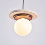 Travertine Disk Pendant Light with Wood Accent and Globe Bulb
