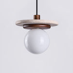 Travertine Disk Pendant Light with Wood Accent and Globe Bulb