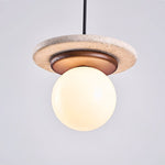 Travertine Disk Pendant Light with Wood Accent and Globe Bulb