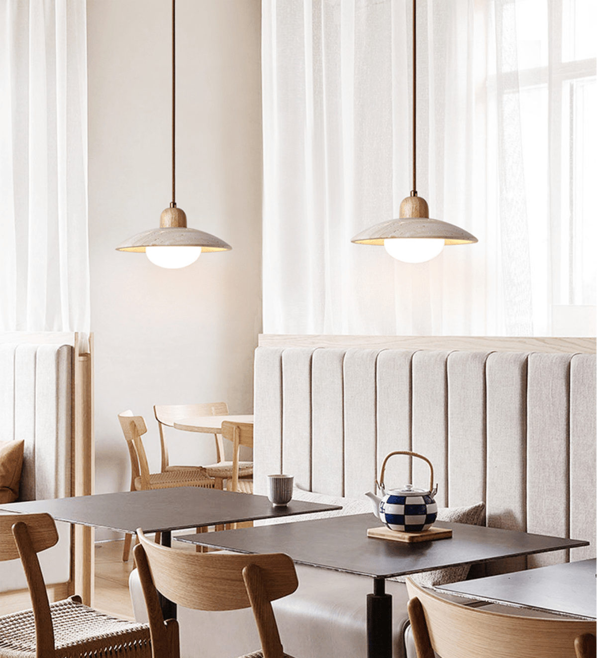 Travertine Dome Pendant Light – Natural Stone & Wood Hanging Lamp