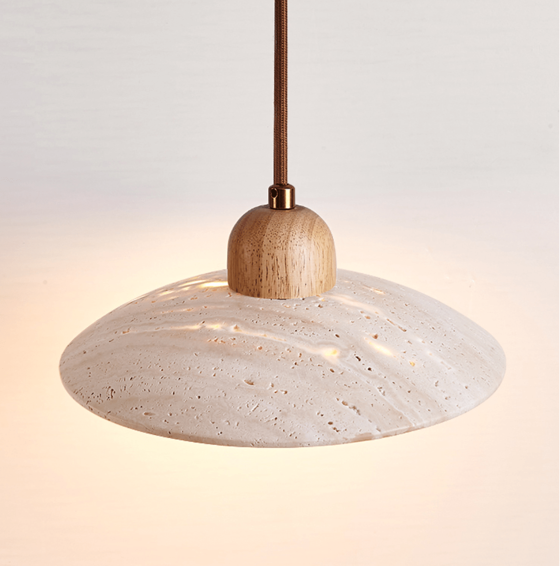 Travertine Dome Pendant Light – Natural Stone & Wood Hanging Lamp
