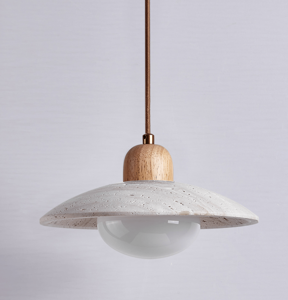 Travertine Dome Pendant Light – Natural Stone & Wood Hanging Lamp