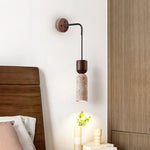 Travertine and Walnut Wall Sconce with Curved Wooden Arm