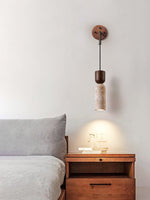 Travertine and Walnut Wall Sconce with Curved Wooden Arm
