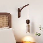 Travertine and Walnut Wall Sconce with Curved Wooden Arm