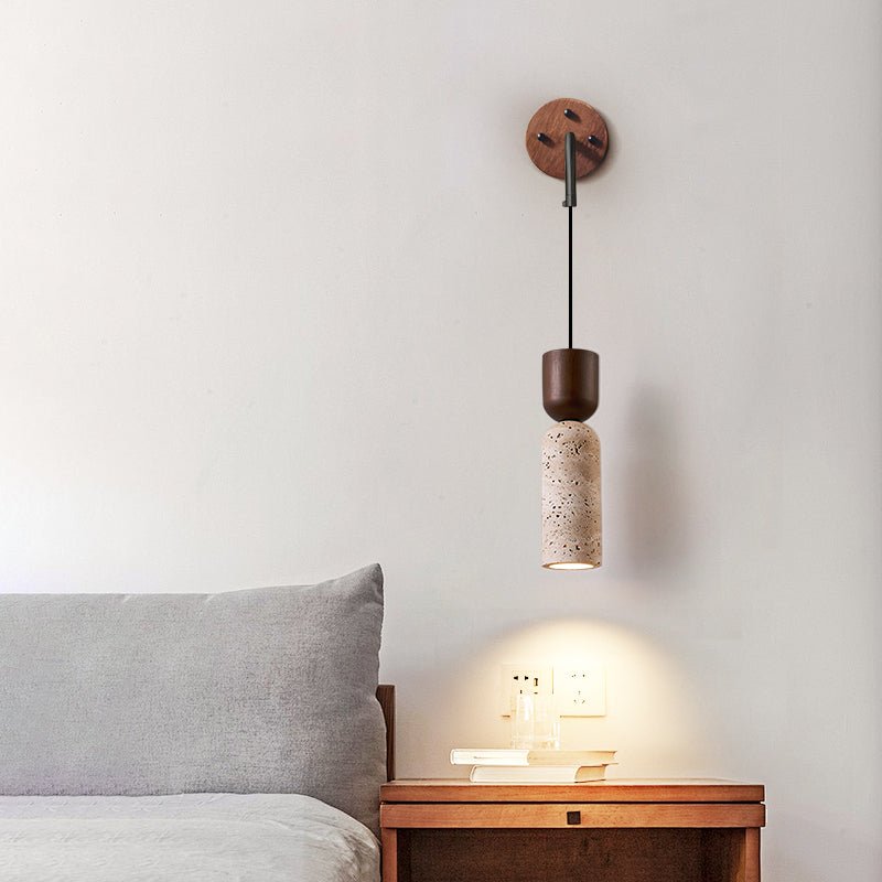 Travertine and Walnut Wall Sconce with Curved Wooden Arm