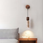 Travertine and Walnut Wall Sconce with Curved Wooden Arm
