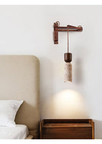 Travertine and Walnut Wall Sconce with Curved Wooden Arm
