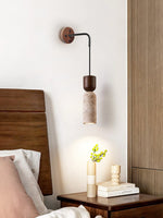 Travertine and Walnut Wall Sconce with Curved Wooden Arm