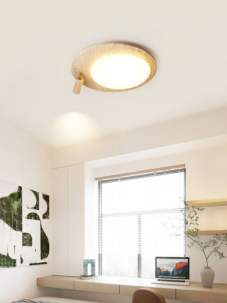 Travertine Oval Ceiling Light with Walnut Knob – Modern Natural Illumination