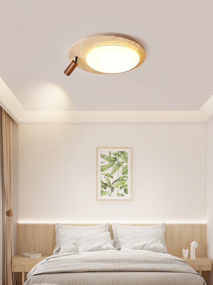 Travertine Oval Ceiling Light with Walnut Knob – Modern Natural Illumination