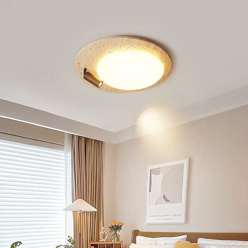 Travertine Oval Ceiling Light with Walnut Knob – Modern Natural Illumination