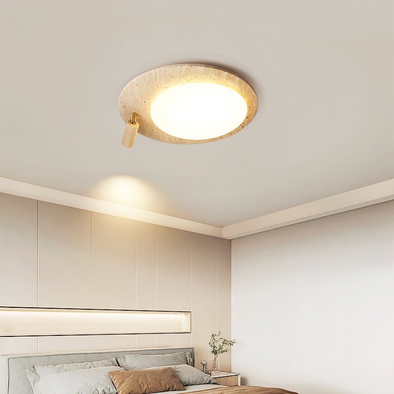 Travertine Oval Ceiling Light with Walnut Knob – Modern Natural Illumination