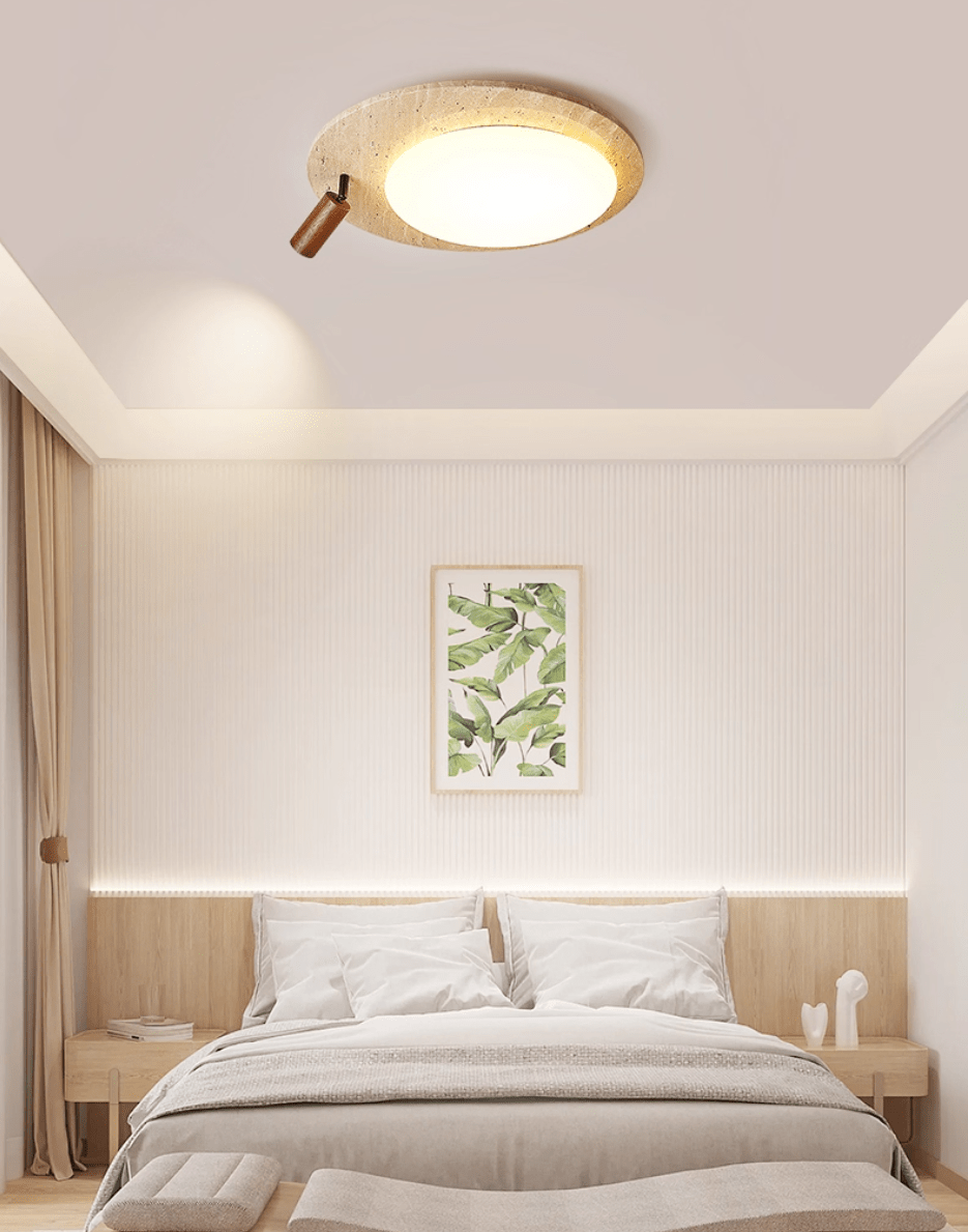 Travertine Oval Ceiling Light with Walnut Knob – Modern Natural Illumination