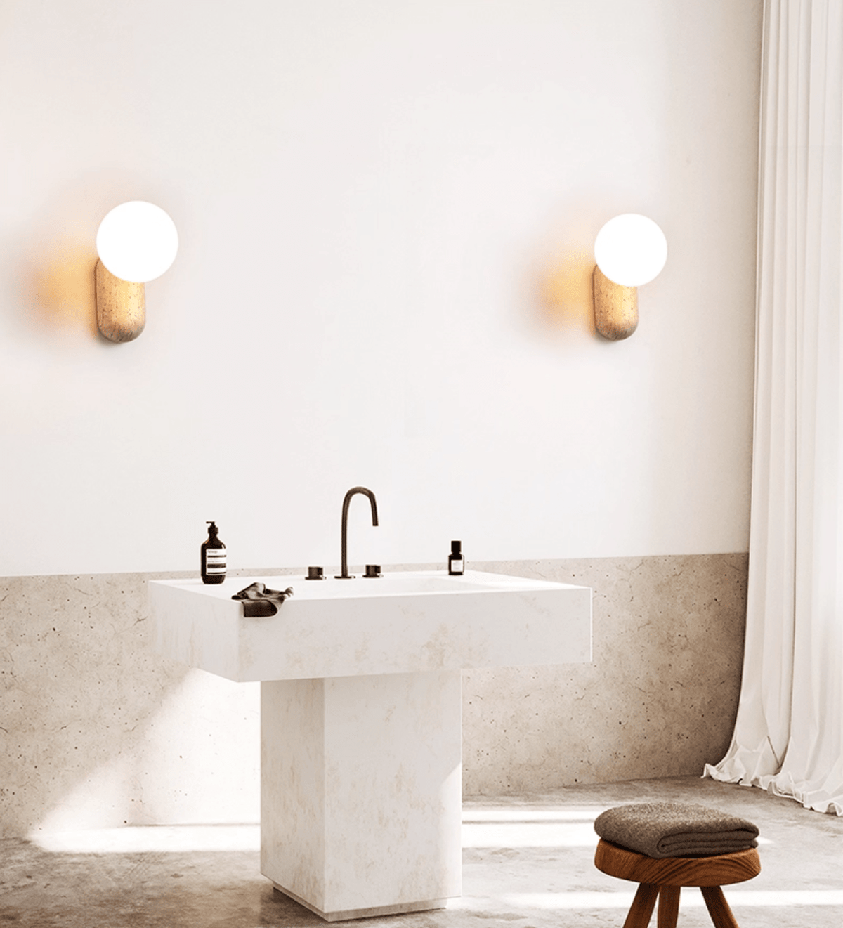 Travertine Pebble Wall Sconce with Opal Glass Globe for Modern Interiors