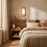 Travertine Pill Wall Sconce with Alabaster Glow and Aged Brass Accents