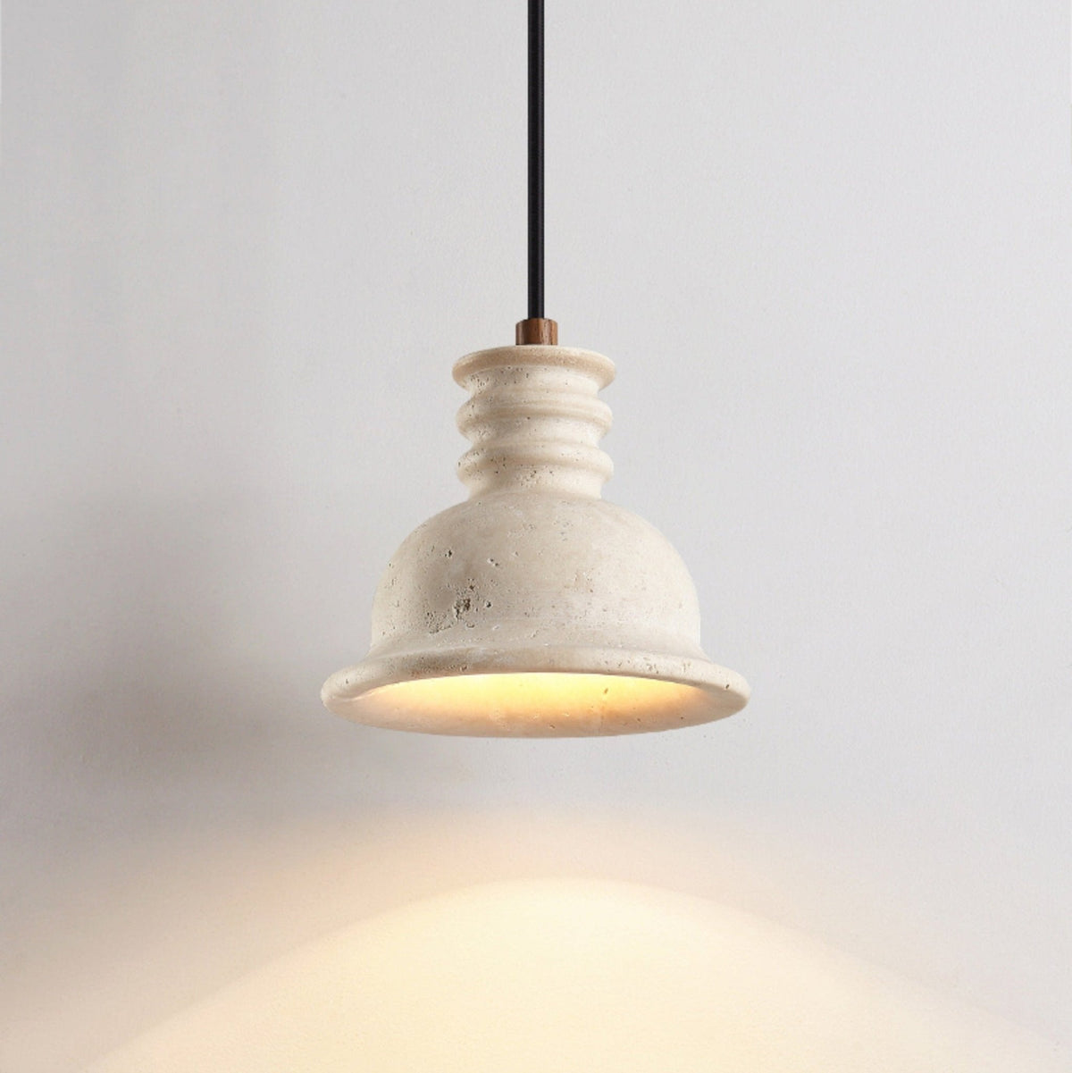 Travertine Dome Pendant Light with Ribbed Detail, Natural Stone & Wood Accent