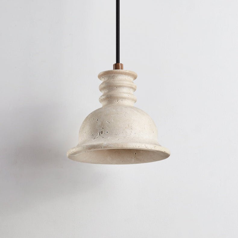 Travertine Dome Pendant Light with Ribbed Detail, Natural Stone & Wood Accent