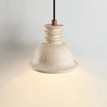 Travertine Dome Pendant Light with Ribbed Detail, Natural Stone & Wood Accent
