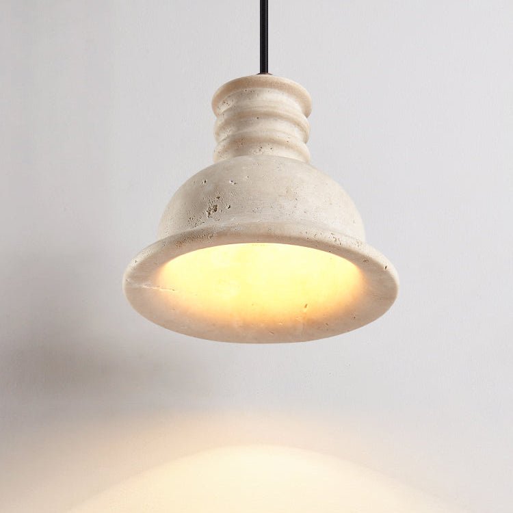 Travertine Dome Pendant Light with Ribbed Detail, Natural Stone & Wood Accent