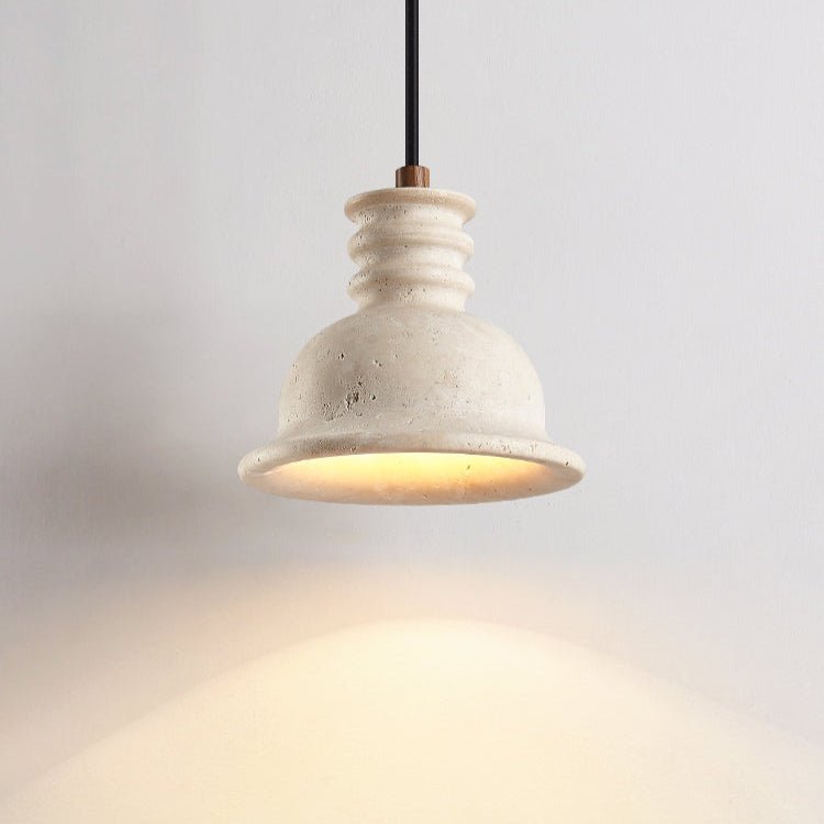 Travertine Dome Pendant Light with Ribbed Detail, Natural Stone & Wood Accent