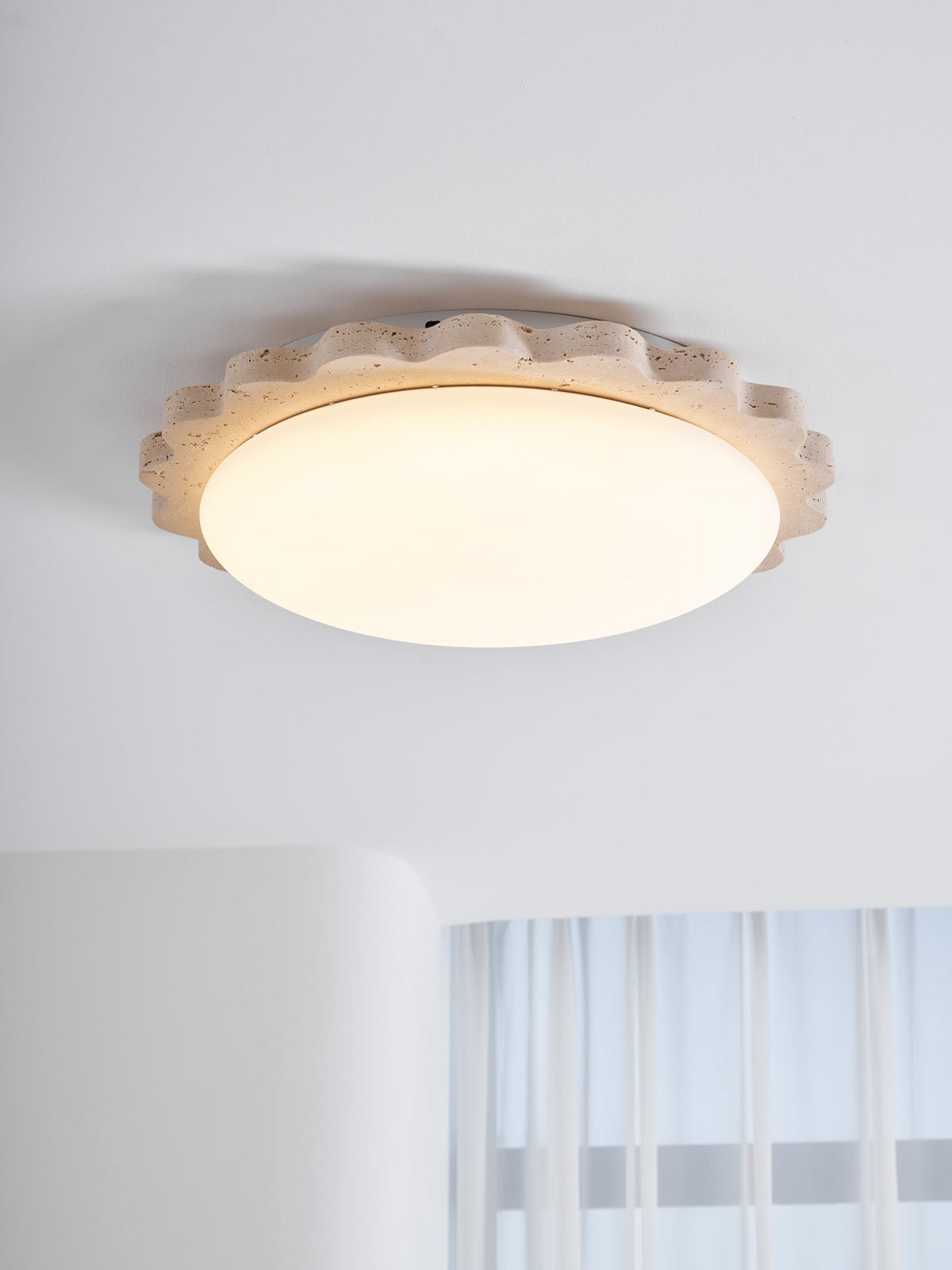 Travertine Scallop Edge Flush Mount Ceiling Light, Natural Stone LED