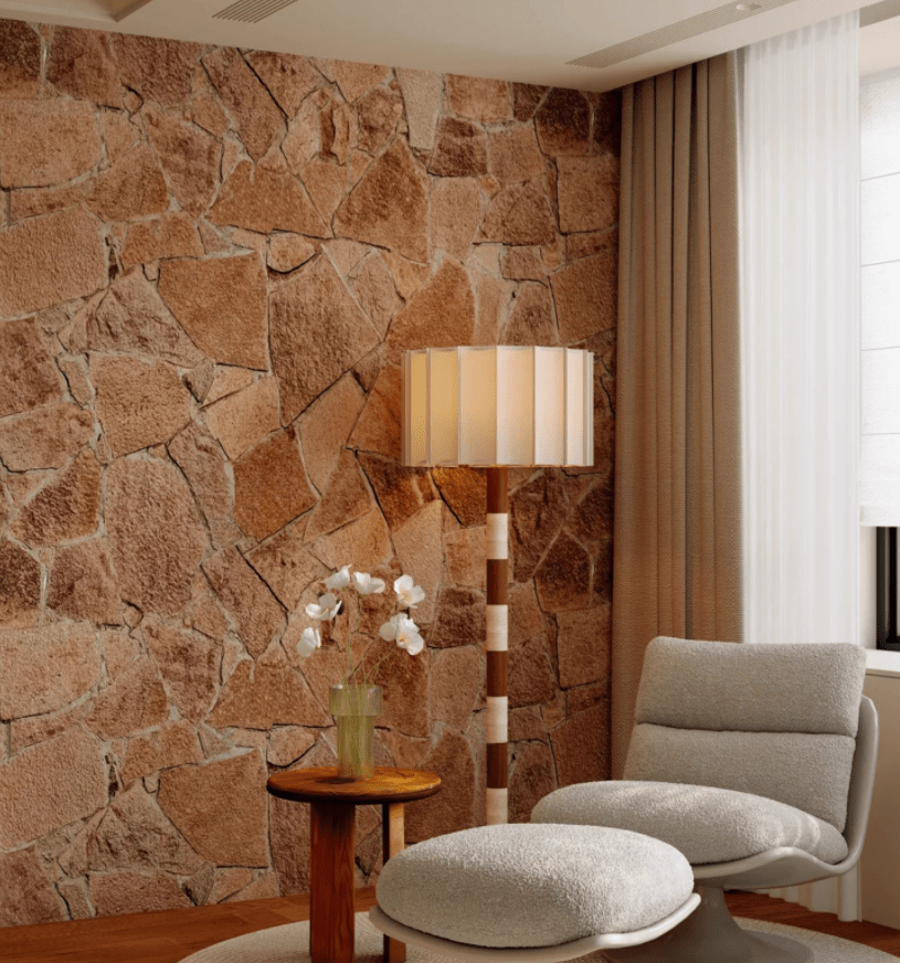 Travertine and Walnut Striped Floor Lamp with Pleated Fabric Shade