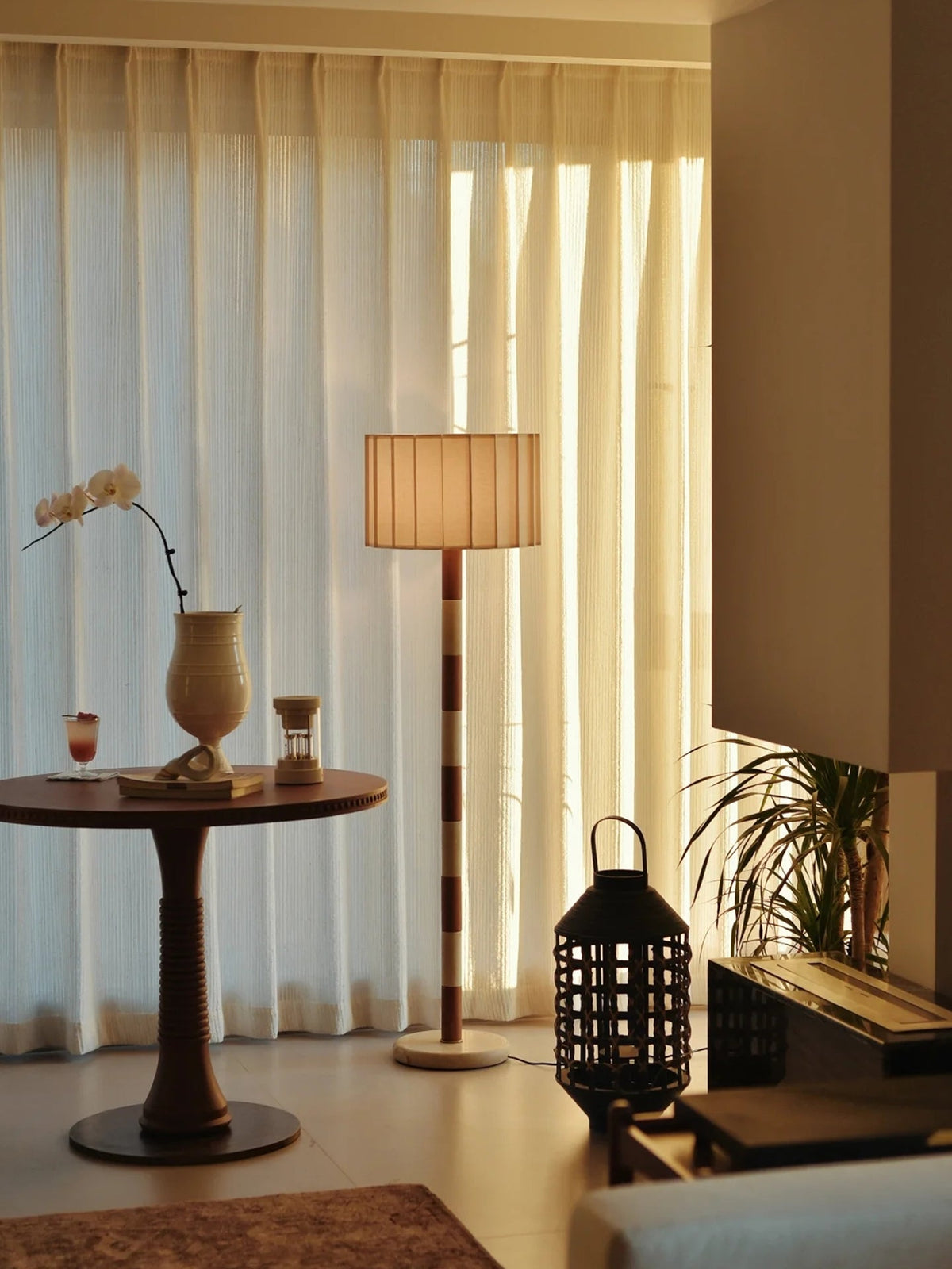 Travertine and Walnut Striped Floor Lamp with Pleated Fabric Shade