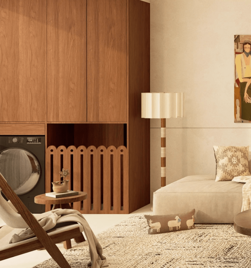 Travertine and Walnut Striped Floor Lamp with Pleated Fabric Shade