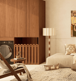 Travertine and Walnut Striped Floor Lamp with Pleated Fabric Shade
