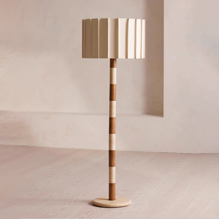 Travertine and Walnut Striped Floor Lamp with Pleated Fabric Shade