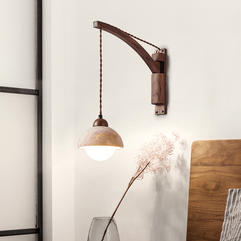 Travertine Swing Arm Wall Sconce with Wooden Accent
