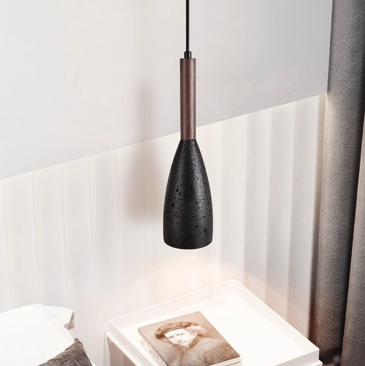 Travertine Teardrop Pendant Light — Natural Stone & Wood Designer Ceiling Lamp