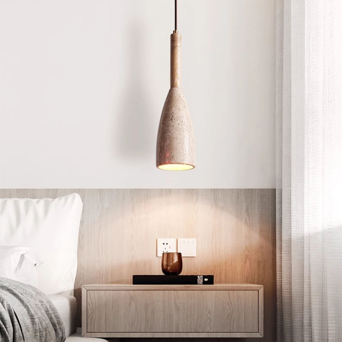 Travertine Teardrop Pendant Light — Natural Stone & Wood Designer Ceiling Lamp