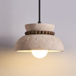 Travertine Wood Bead Pendant Light – Natural Stone Dome with Walnut Accents