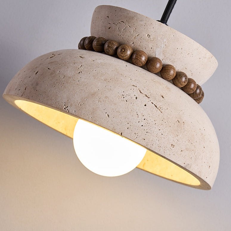 Travertine Wood Bead Pendant Light – Natural Stone Dome with Walnut Accents