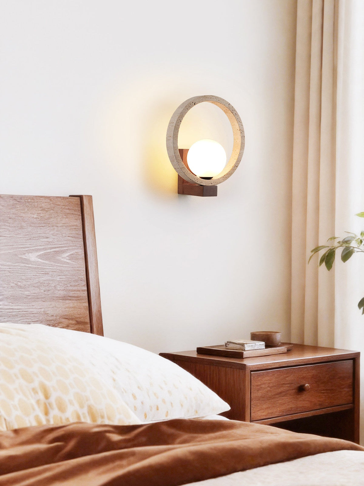 Travira Orbit Wall Sconce in Natural Travertine and Walnut