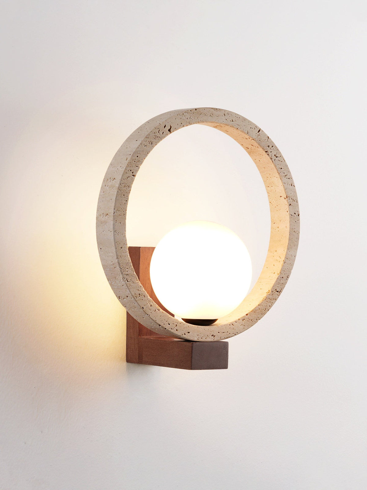 Travira Orbit Wall Sconce in Natural Travertine and Walnut
