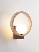 Travira Orbit Wall Sconce in Natural Travertine and Walnut