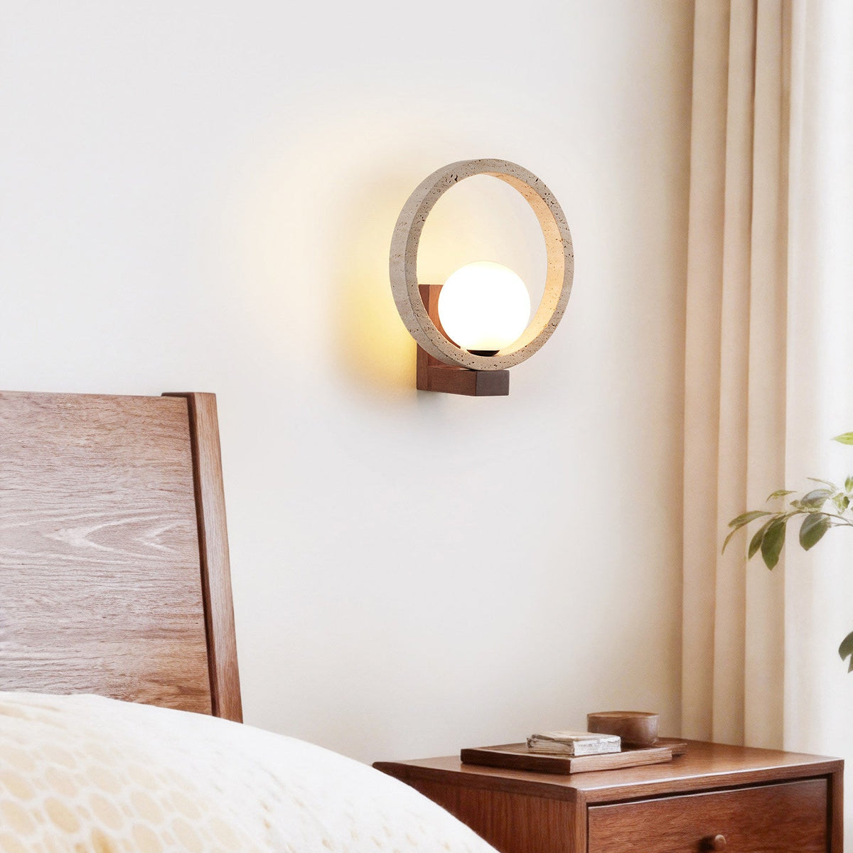 Travira Orbit Wall Sconce in Natural Travertine and Walnut