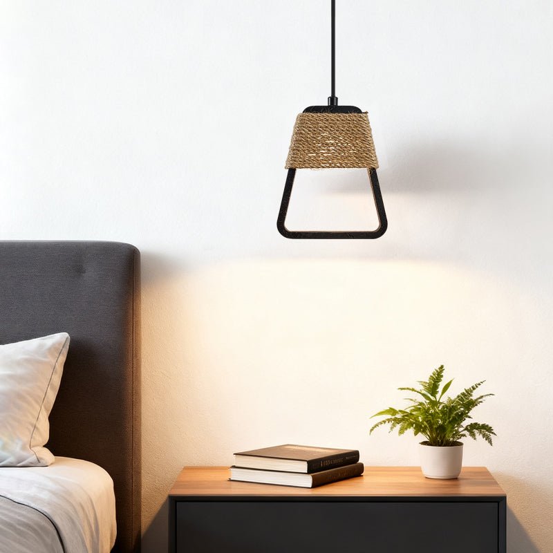 Tressa Pendant Light — Hand-Wrapped Hemp Rope & Black Travertine