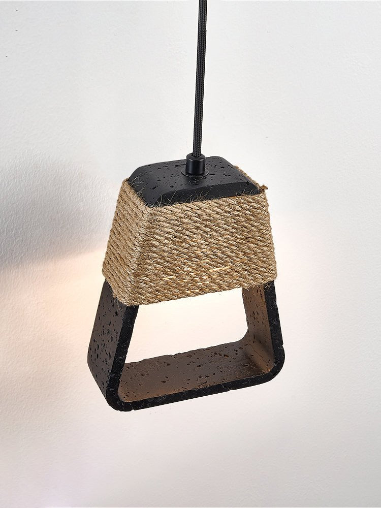 Tressa Pendant Light — Hand-Wrapped Hemp Rope & Black Travertine